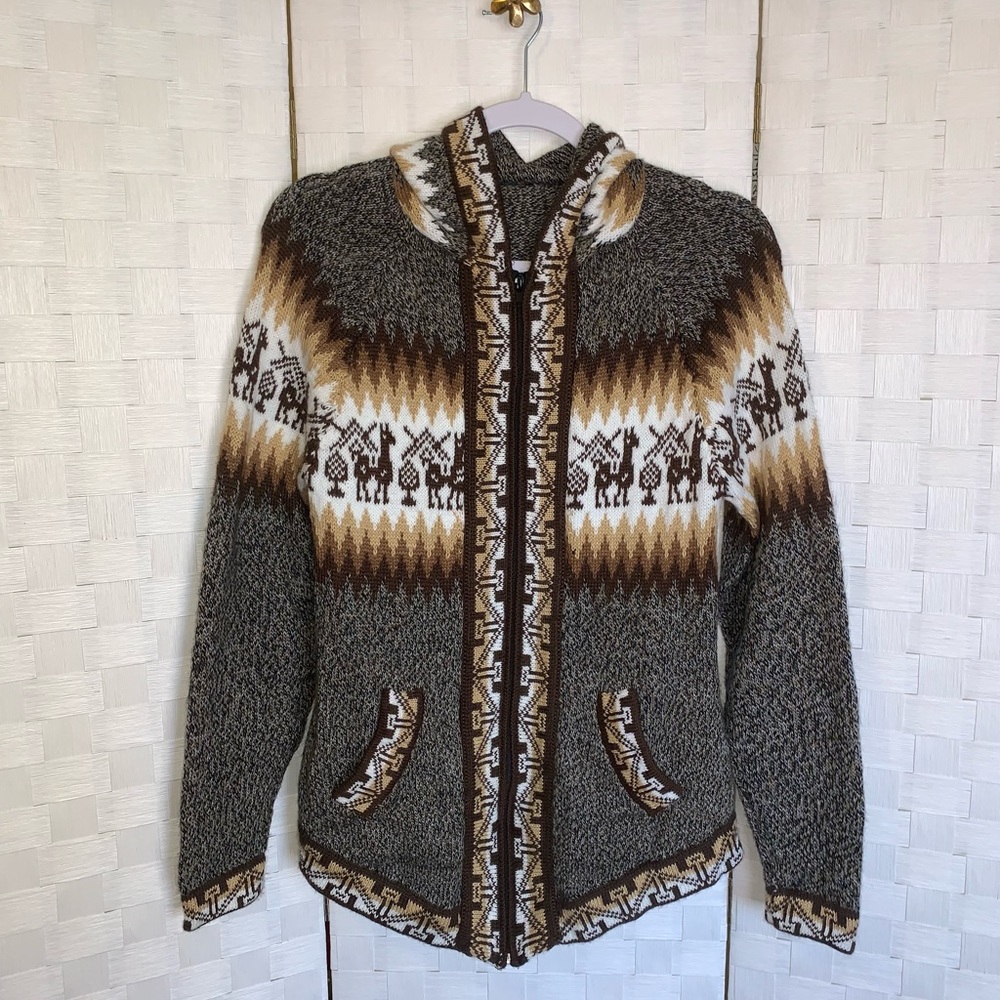 Hooded Fair Isle Zip Sweater Jacket - Gray, Brown & Cream